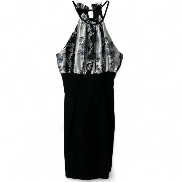 Y2K GLAM Halter Mini Dress Womens S Gray Stripe Black Floral 2000s Vintage - Picture 1 of 9